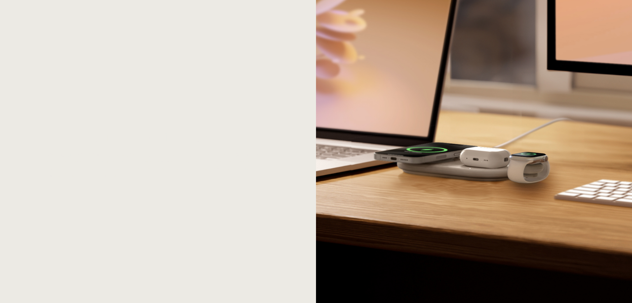 La base de carga Belkin 3 en 1 plegada y lista para viajar, mostrando su diseño compacto.