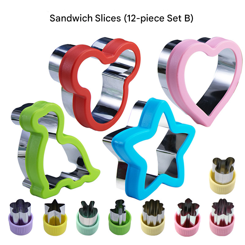 Stainless Steel Food Cutter Set – 12-Piece, Multi-Shape, with PP Press Cover for Sandwich, Cookie, Fruit and Vegetable Use(B)