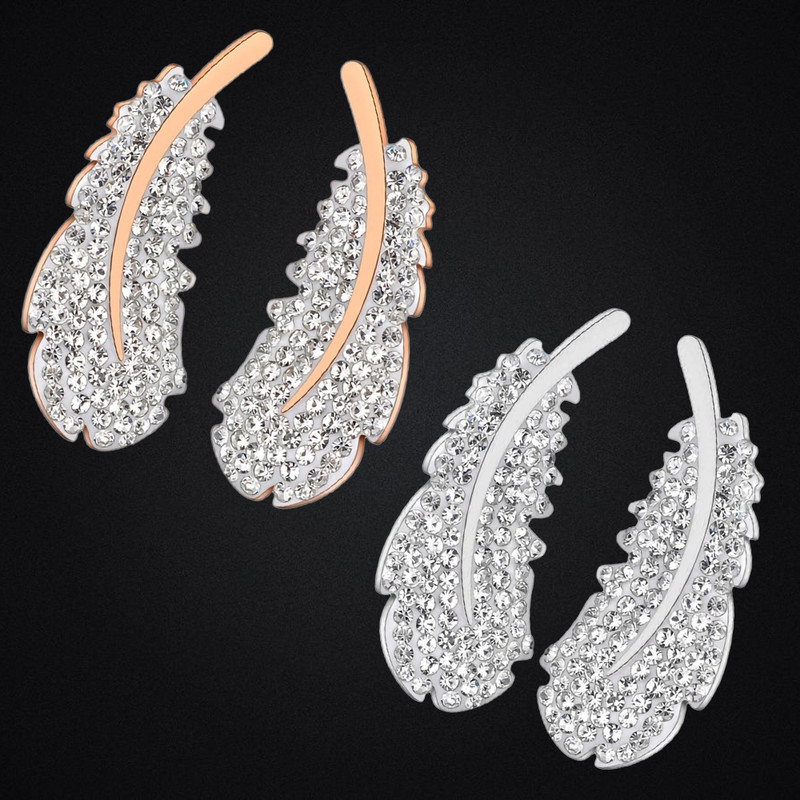 Cute Stainless Steel Women Crystal FEATHER Ear Stud Earrings Jewelry Gift NEW