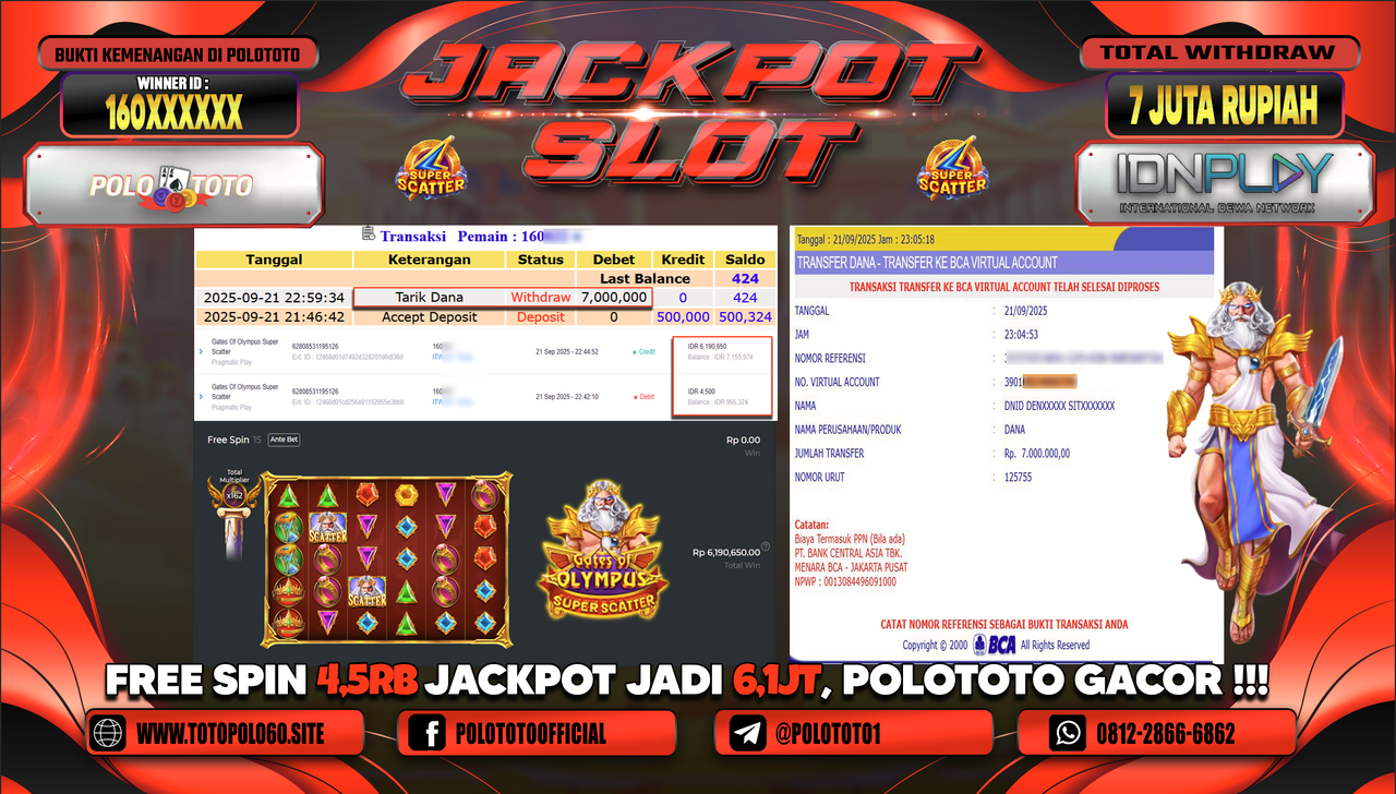 POLOTOTO JACKPOT SLOT GATES OF OLYMPUS SUPER SCATTER Rp.7.000.000,-