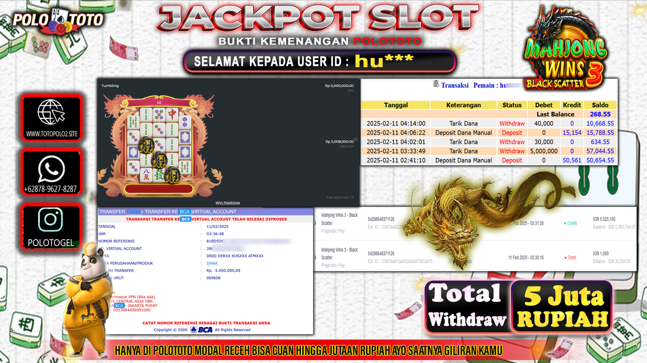 POLOTOTO JACKPOT SLOT MAHJONG WINS BLACK SCATTER 3 Rp.5.000.000,-
