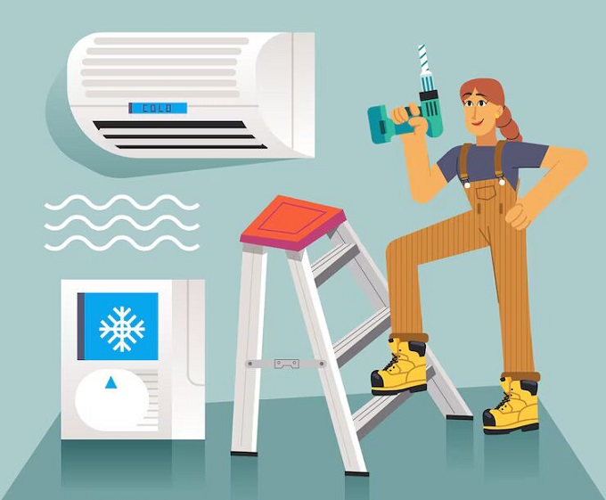 A woman stands beside an air conditioner, dressed casually, with a relaxed expression in a well-lit room.