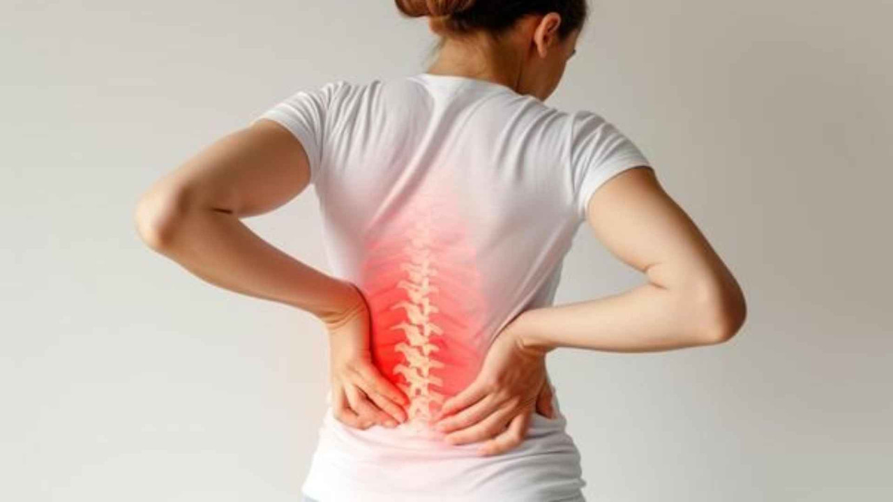 Phụ nữ áo trắng chống hai tay vào thắt lưng, minh họa cột sống thắt lưng ửng đỏ vì đau thắt lưng dưới