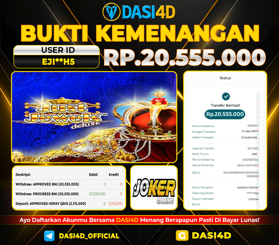 BUKTI KEMENANGAN 14 AGUSTUS 2025 DI JUST JEWELS WD 20.555.000