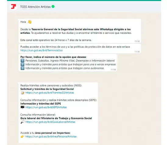 WhatsApp de la TGSS para el colectivo de artistas
