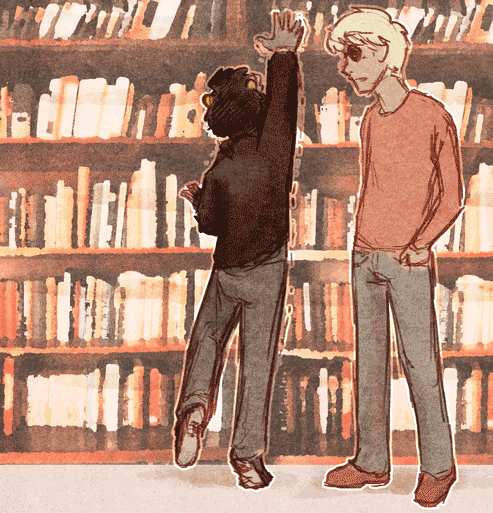 gif of karkat in a library on his tiptoes trying to reach for a book as Dave watches.