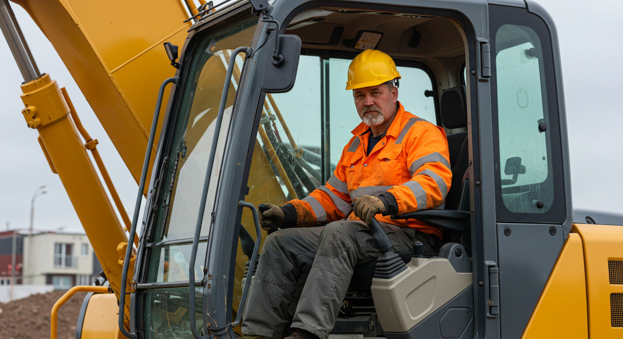 Оператор экскаватора работает на строительном объекте