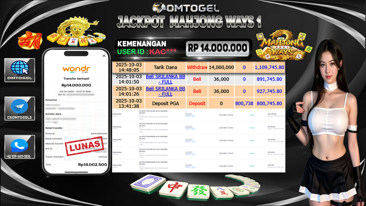 OMTOGEL JACKPOT PGSOFT MAHJONG WAYS 14 JUTA DI BAYAR LUNAS ,-