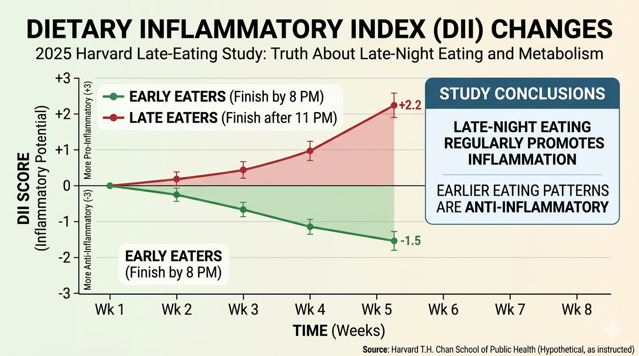 Graph showing dietary inflammatory index changes from 2025 Harvard late-eating study for truth about late-night eating and metabolism