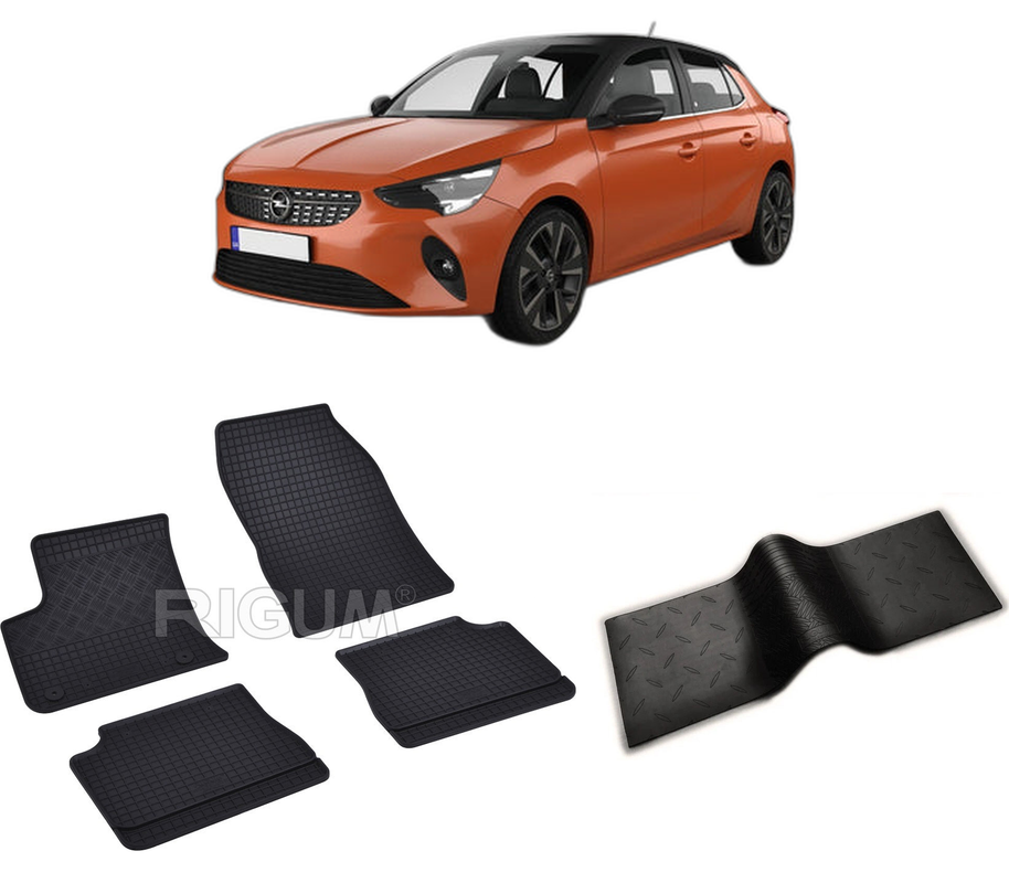 Set covorase auto OPEL CORSA -E F din 03.2020-PREZENT, cu covoras tunel median, CAROSERIE HATCHBACK, Presuri cauciuc 100%, compatibil cu autoturismul OPEL CORSA -E F, Rigum