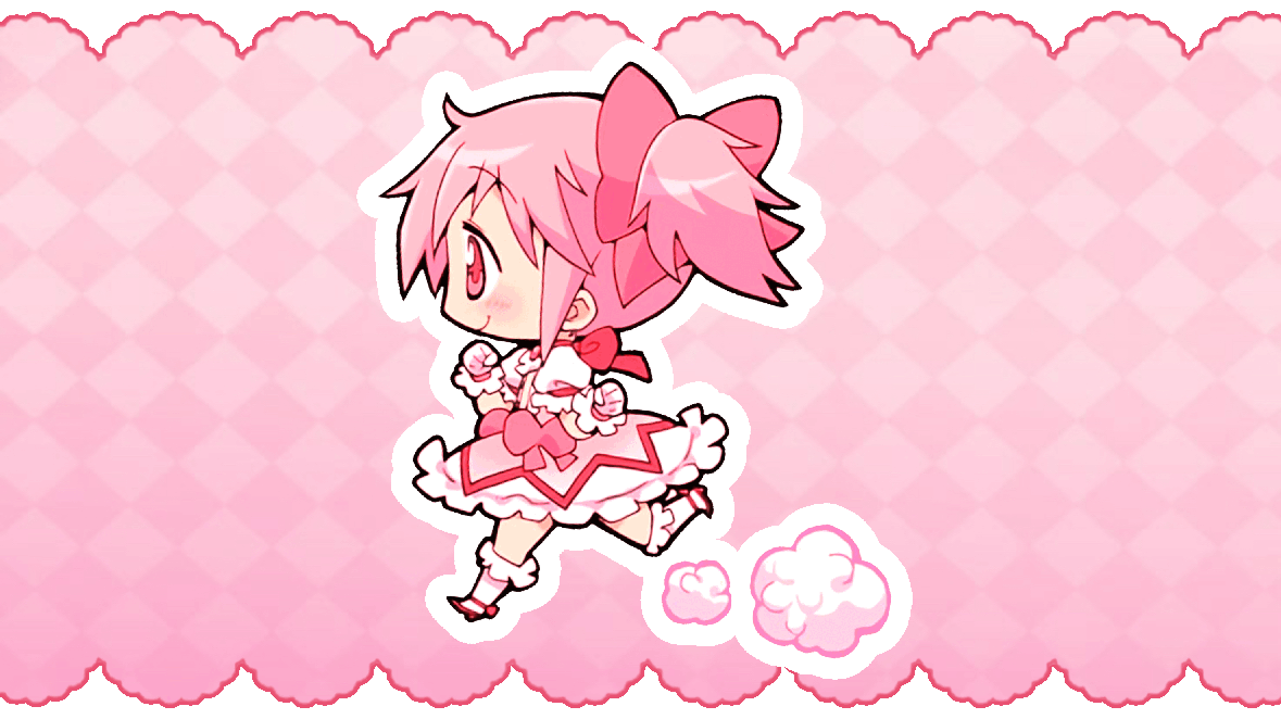 ID //  A gif of a chibi madoka kaname from madoka magica running, pasted over a pink checkered background