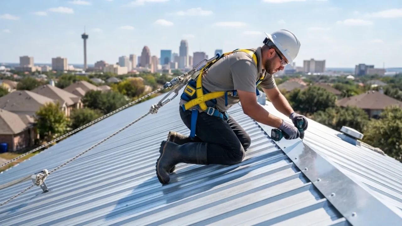 Roofing safety harness and rubber sole boots for metal roof work San Antonio