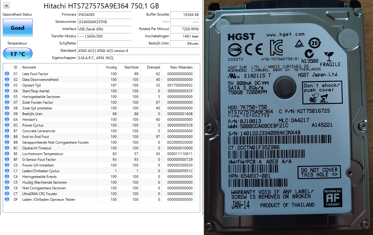750GB - J3340084K3NX4B - HTS727575A9E364