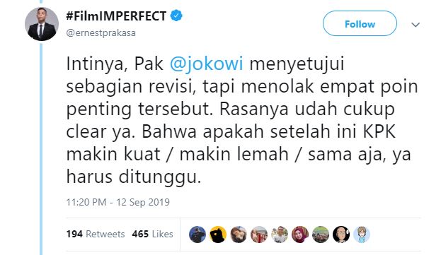 Cuitan di twitter Ernest Prakasa.