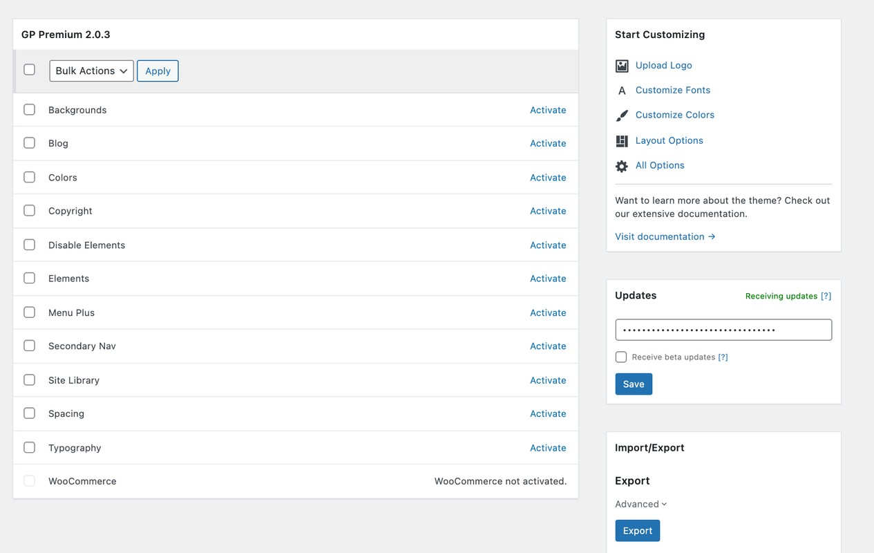 screen shot of nonfunctioning Generatepress premium plugin