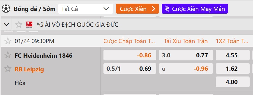 Tỷ lệ kèo Heidenheim vs RB Leipzig