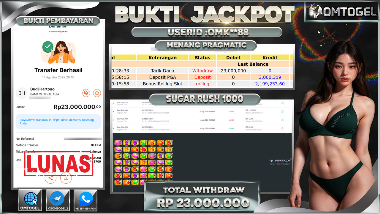 OMTOGEL JACKPOT PRAGMATIC PLAY SUGAR RUSH 1000 23 JUTA DI BAYAR LUNAS ,-