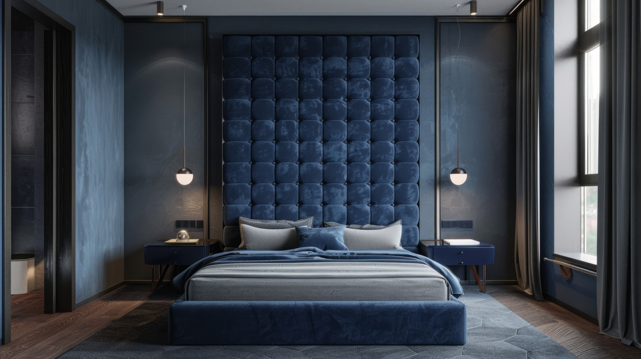 Modern Bedroom Design With A King-Size Bed With Blue Tufted Headboard