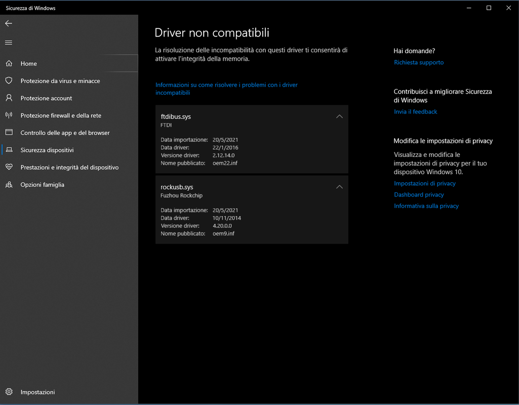 driver incompatibili core isolation
