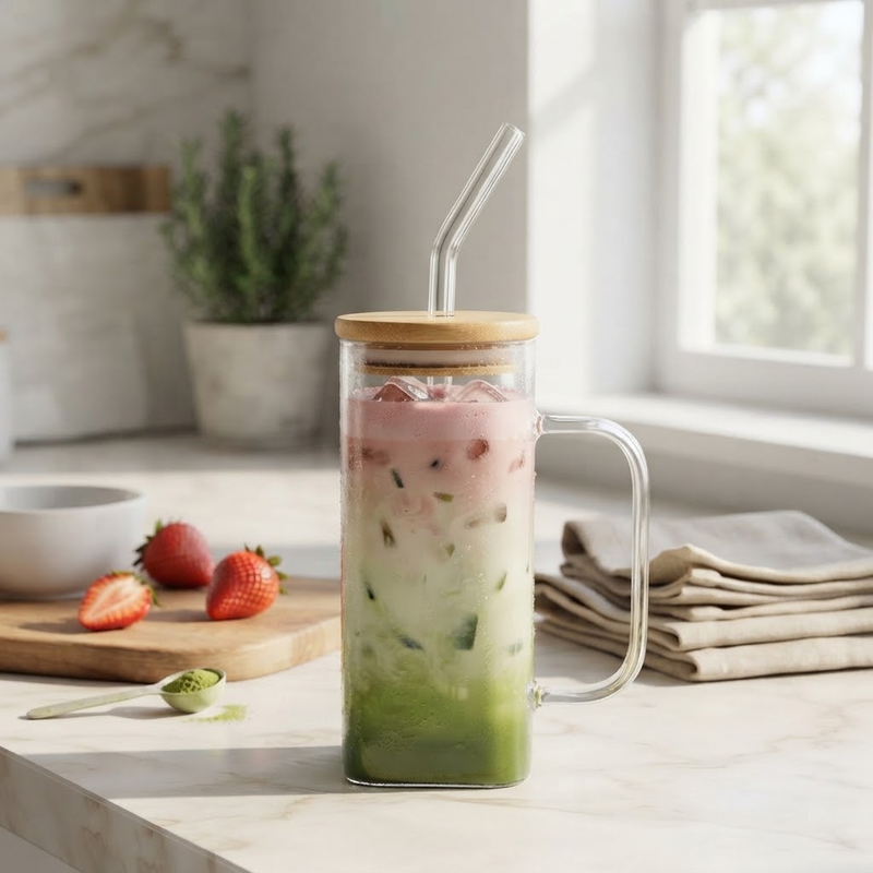 300ml Creative Rectangular Glass Cup with Bamboo Lid and Straw