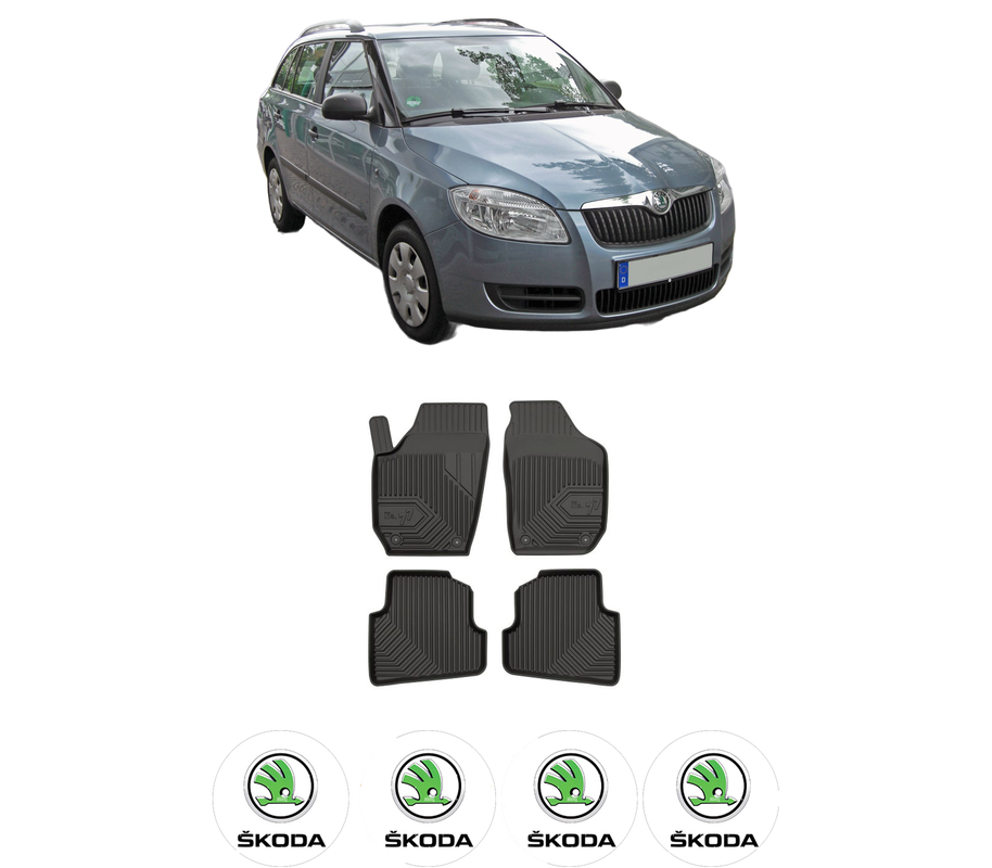 Set covorase presuri SKODA FABIA II Combi (545) din 2007-2014, auto, din cauciuc thermoplastic, 4 Stickere auto cu SKODA