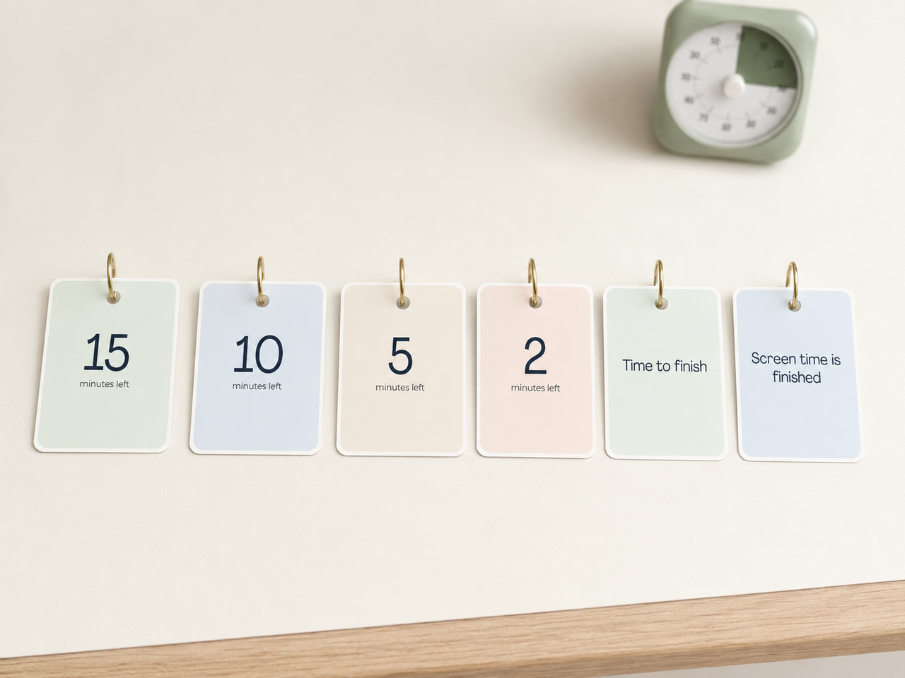 Visual countdown cards on a binder ring showing 15, 10, 5, 2 minute and finished cards