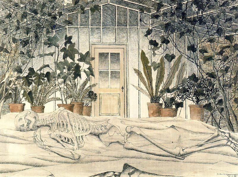 Paul-Delvaux-Winter-Skeleton-in-a-greenhouse