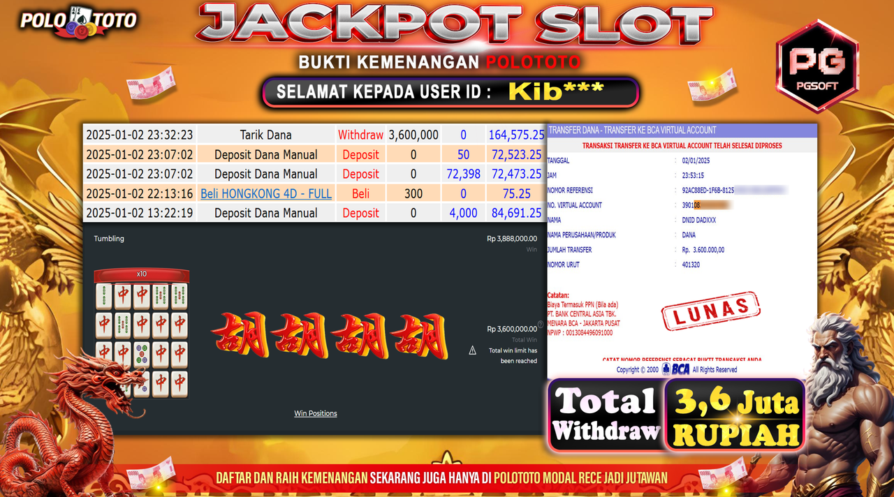POLOTOTO JACKPOT SLOT MAHJONG WINS BONUS Rp.3,600.000,-