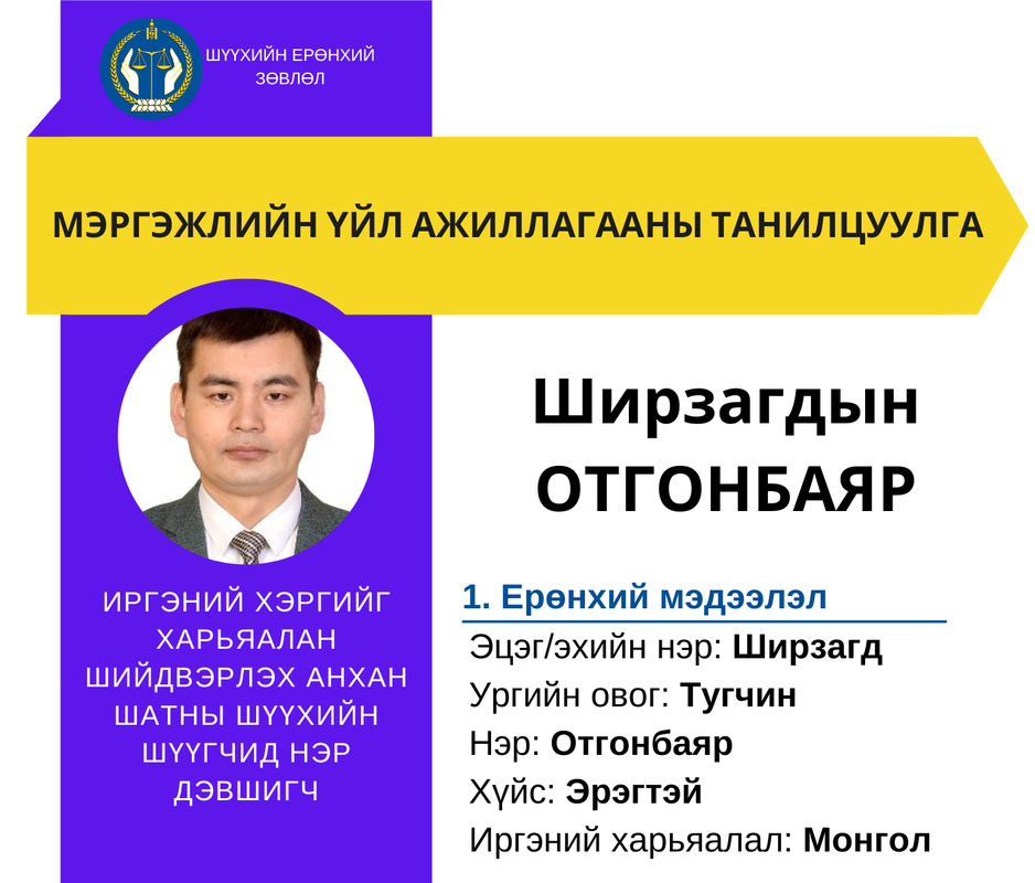 Иргэний хэргийг харьяалан шийдвэрлэх анхан шатны шүүхийн шүүгчид нэр дэвшигч Ш.Отгонбаярын мэргэжлийн үйл ажиллагааны танилцуулга