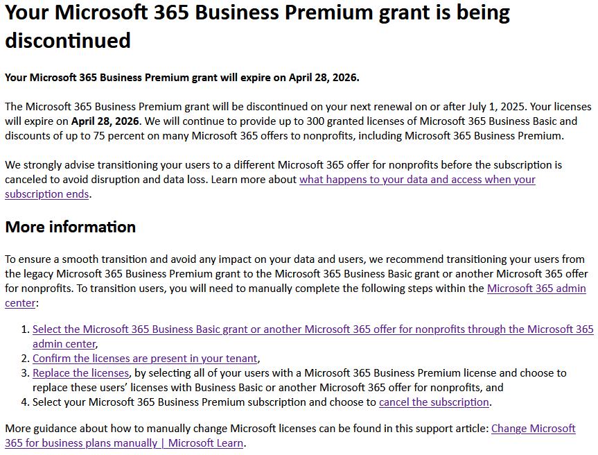 Microsoft streicht die 10 kostenlosen MS 365 Business Premium Lizenzen für Non-Profit-Organisationen