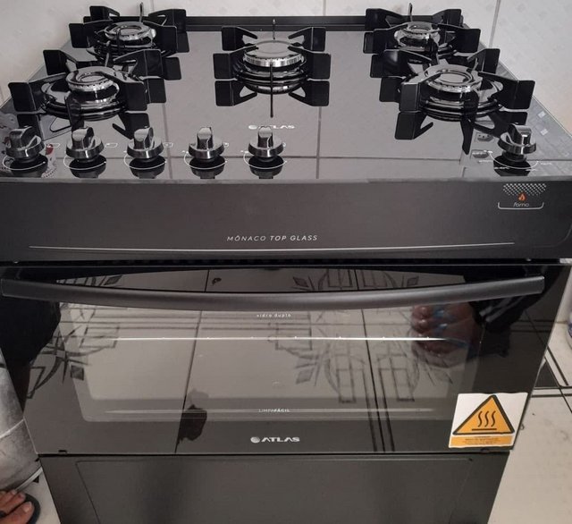 Fogão 5 Bocas Mesa de Vidro Atlas Preto – Acendimento Automático Mônaco Top Glass Preto