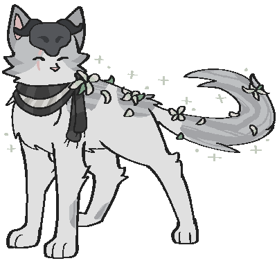 a drawing of Jasper, a longhaired silver and white clouded tabby. he is wearing a dark horned skull on his head, and a black wool scarf with a silver necklace on top. he has a light scar over his left eye and white lilies decorate his fur. Cat ID 120209