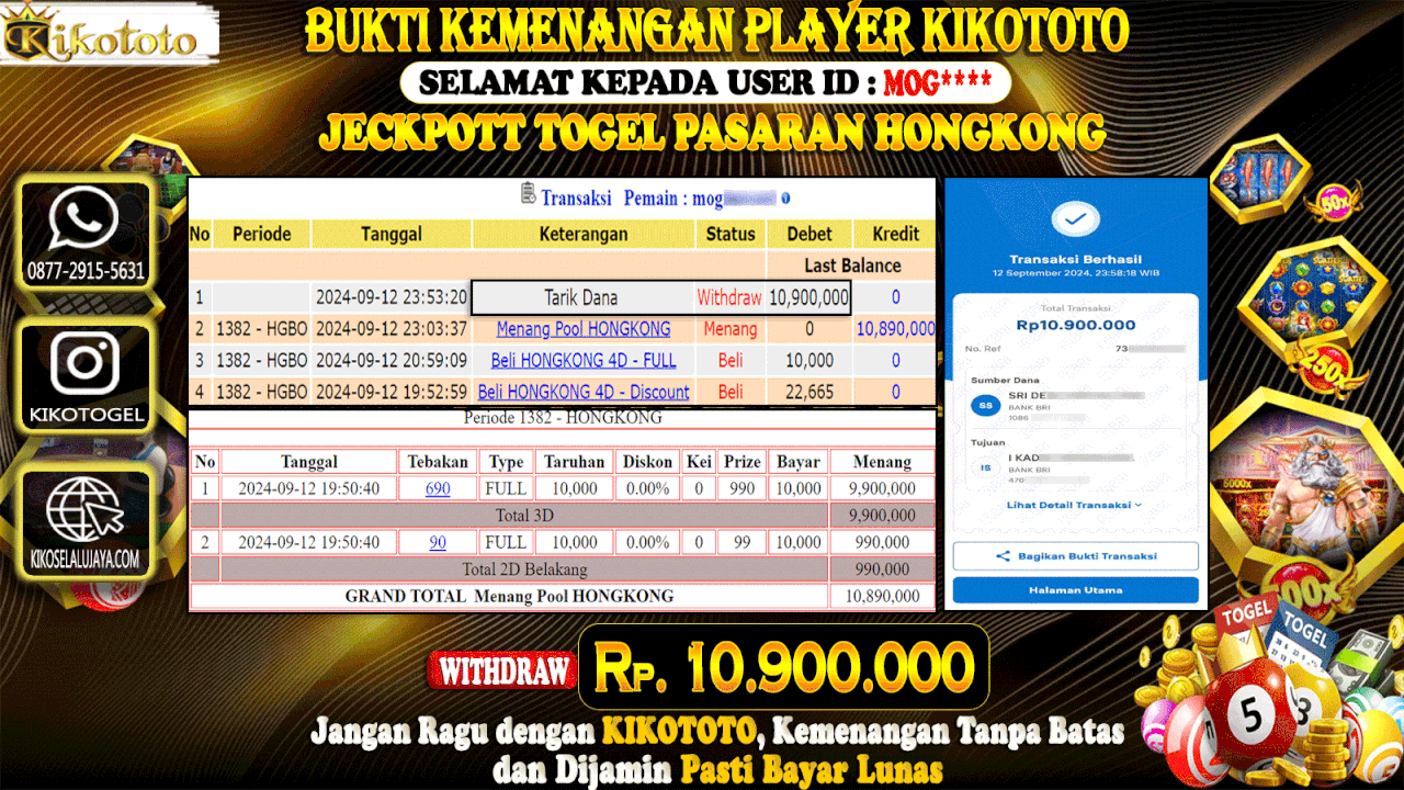 JECKPOTT !!! MENANG BESAR DI TOGEL PASARAN HONGKONG SEBESAR Rp 10,900,000 LANGSUNG DI BAYAR KIKOTOTO !!!!