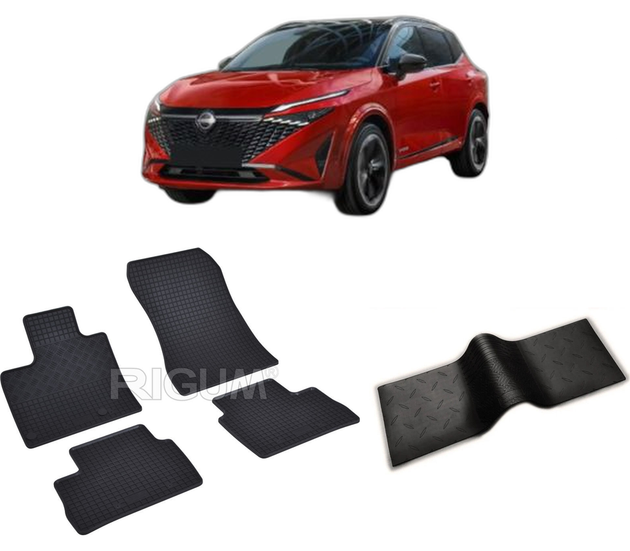Set covorase auto NISSAN QASHQAI III FACELIFT din 2024-PREZENT, cu covoras tunel median, CAROSERIE SUV, Presuri cauciuc 100%, compatibil cu autoturismul NISSAN QASHQAI III FACELIFT, Rigum