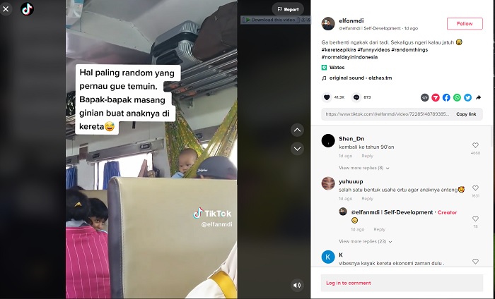 Unggahan video yang menunjukkan penumpang membuat ayunan untuk bayi mereka di dalam kereta api.