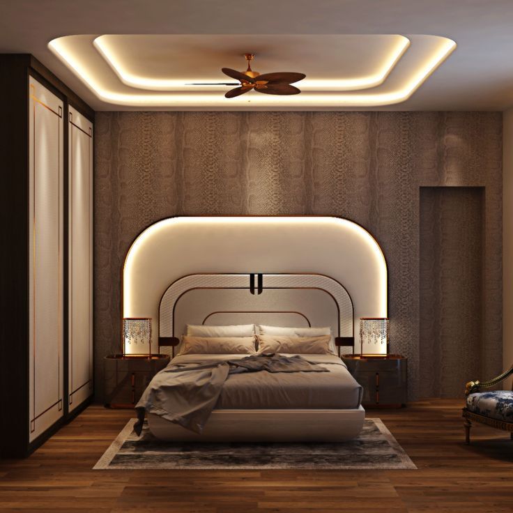 Contemporary Rectangle Bedroom Ceiling Design With Wooden Fan