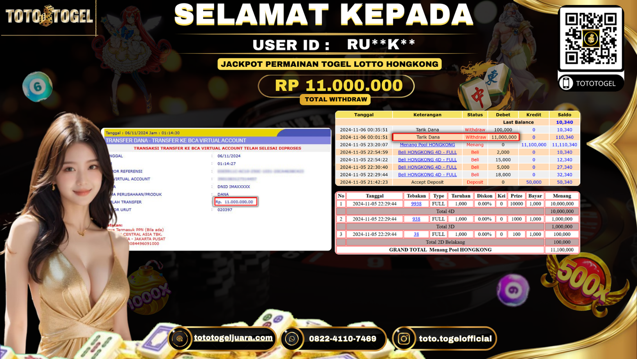 Bukti Pembayaran Jackpot Permainan Togel Lotto Hongkong  ID:RU**K** LUNAS 