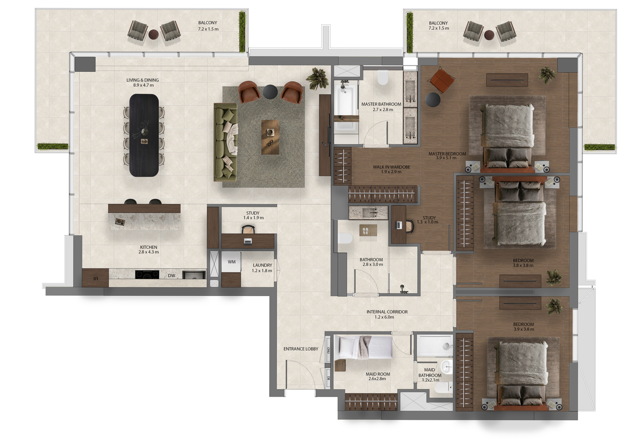 ПЛАНИРОВКА — Kanso Residence, 3 спальни, 168—208 м²