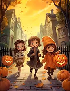 kids-illustration-halloween-trick-treating-with-costumes-pumpkins-street-991182-1950