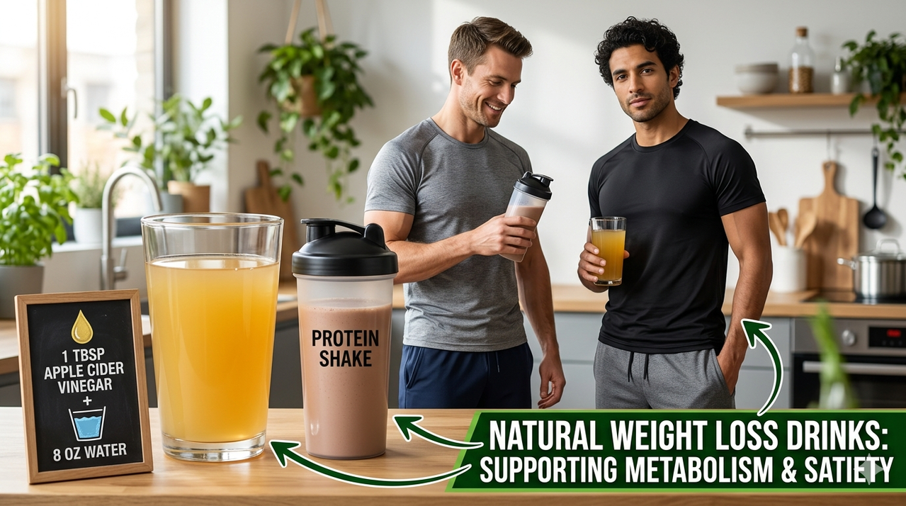 Prepared fat-burning drinks: green tea lemonade, matcha shake, spiced coffee, ginger lemon water