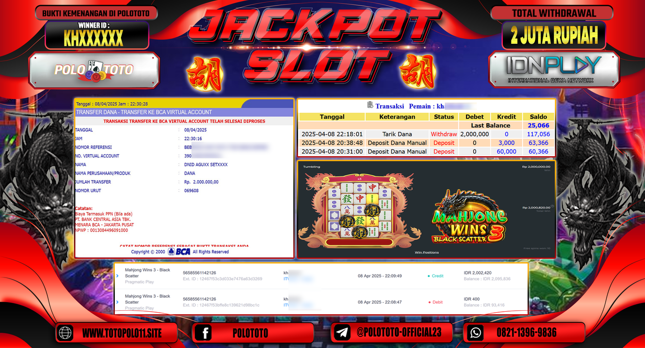 POLOTOTO JACKPOT SLOT MAHJONG WINS 3 - BLACK SCATTER Rp.2.000.000,- LUNAS