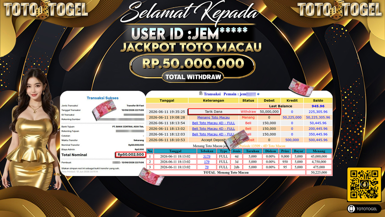 Bukti Pembayaran Jackpot Permainan Togel Toto Macau ID:JEM*****LUNAS