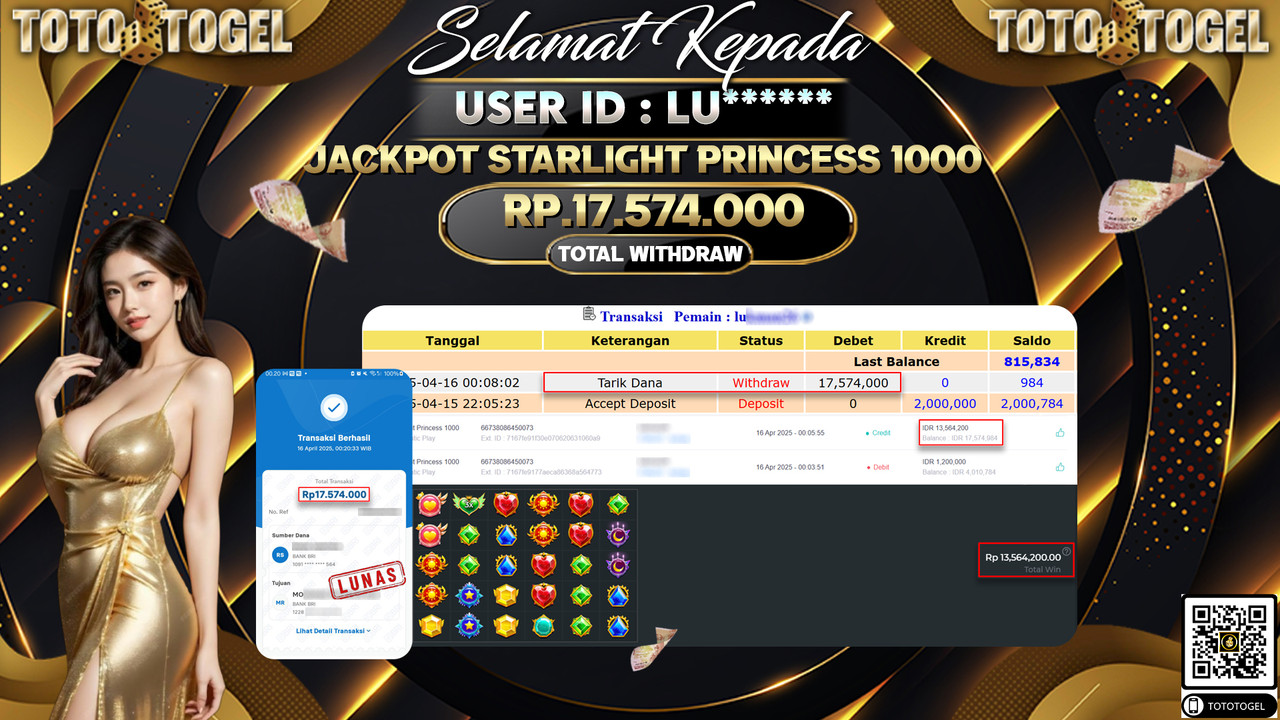 Bukti Pembayaran Jackpot  Permainan Slot Starlight Princess 1000 ID:LU****** LUNAS