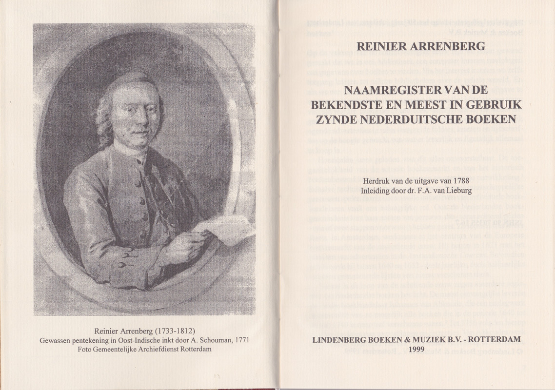 ARRENBERG, REINIER - Naamregister van de bekendste en meest in gebruik zynde Nederduitsche boeken. Herdruk van de uitgave van 1788.