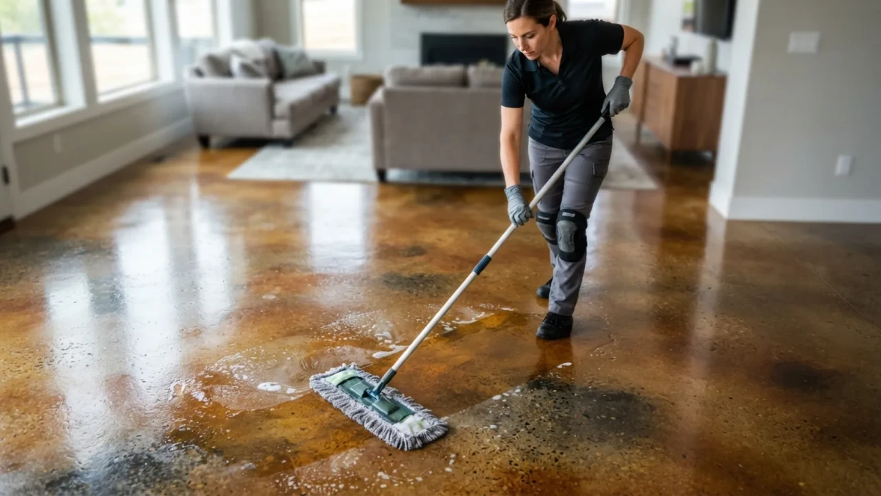 Sealed interior stained concrete floor being cleaned with pH-neutral cleaner