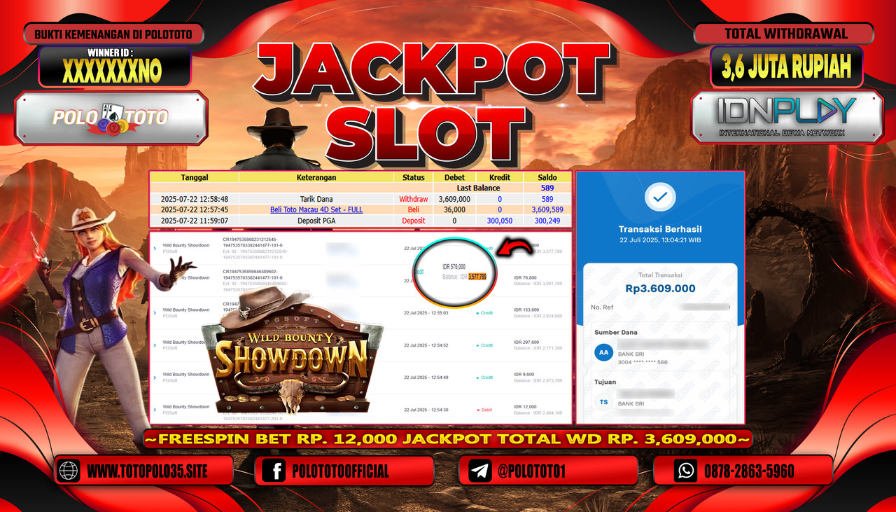 POLOTOTO JACKPOT SLOT WILD BOUNTY SHOWDOWN Rp.3.600.000,- LUNAS