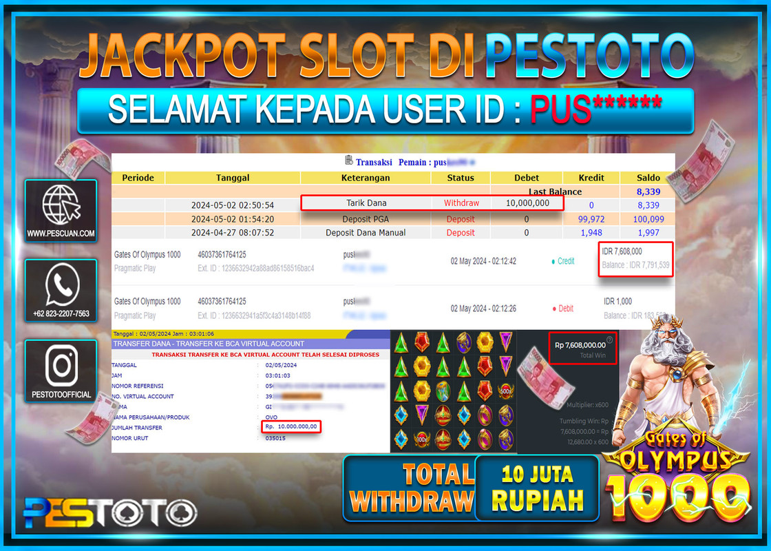 HANYA DI PESTOTO JP PASTI DI BAYAR LUNAS DAN CEPAT!!!!!! JP SLOT{ GATES OF OLYMPUS 1000  } Rp.10.000.000 !!!!!
