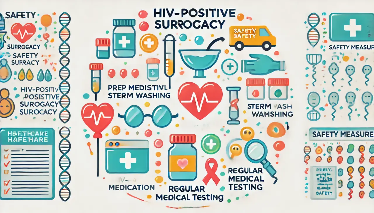 Diagram illustrating safety measures for HIV-positive surrogacy, such as PrEP, sperm washing, and regular testing.
