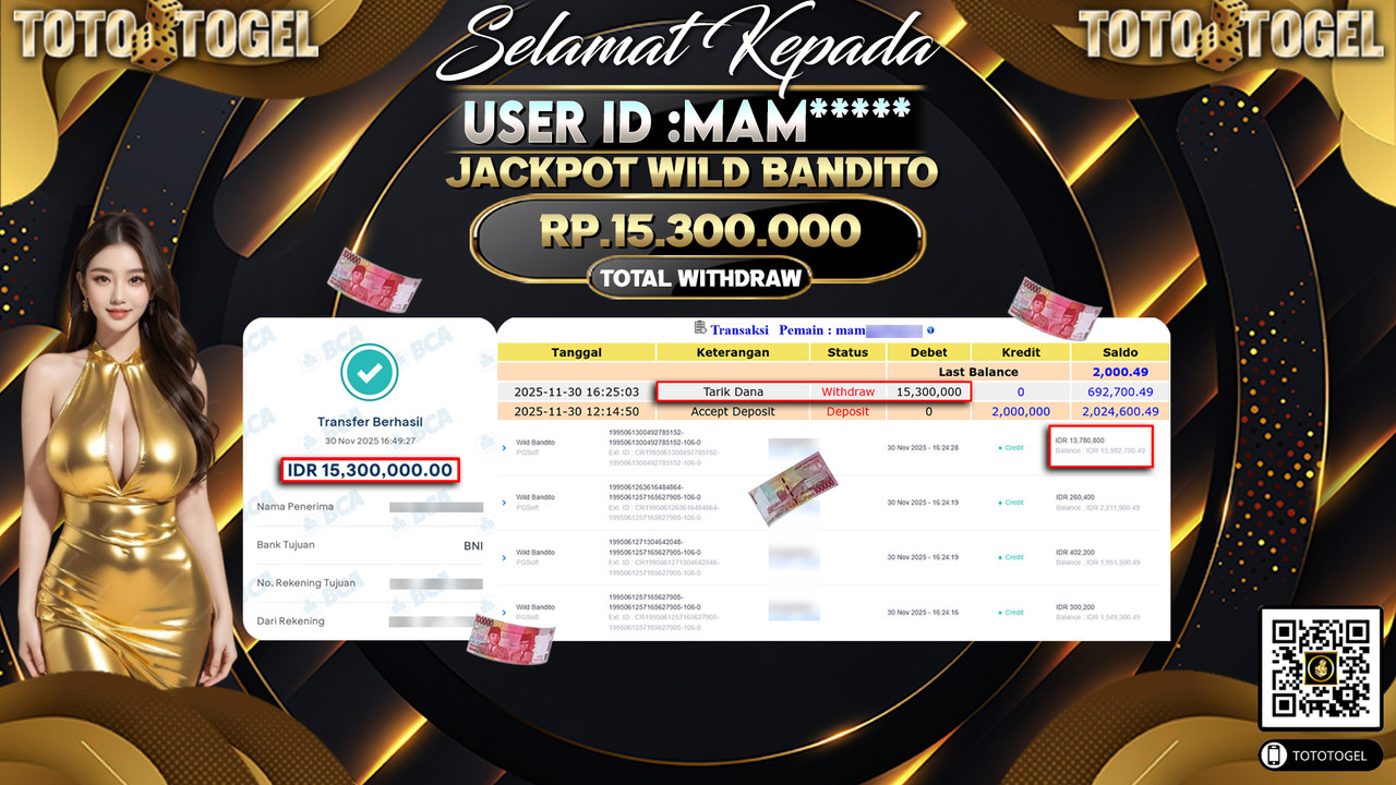 Bukti Pembayaran Jackpot Permainan Slot Wild Bandito ID:MAM***** LUNAS