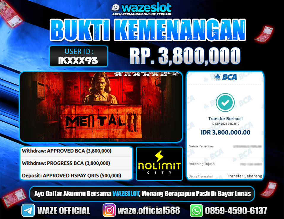 BUKTI KEMENANGAN 17 SEPTEMBER 2025 GAME MENTAL II ( NOLIMIT CITY )